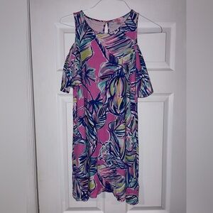 Lilly Pulitzer Pink and Blue Midi Dress with cold shoulder sleeves women XS